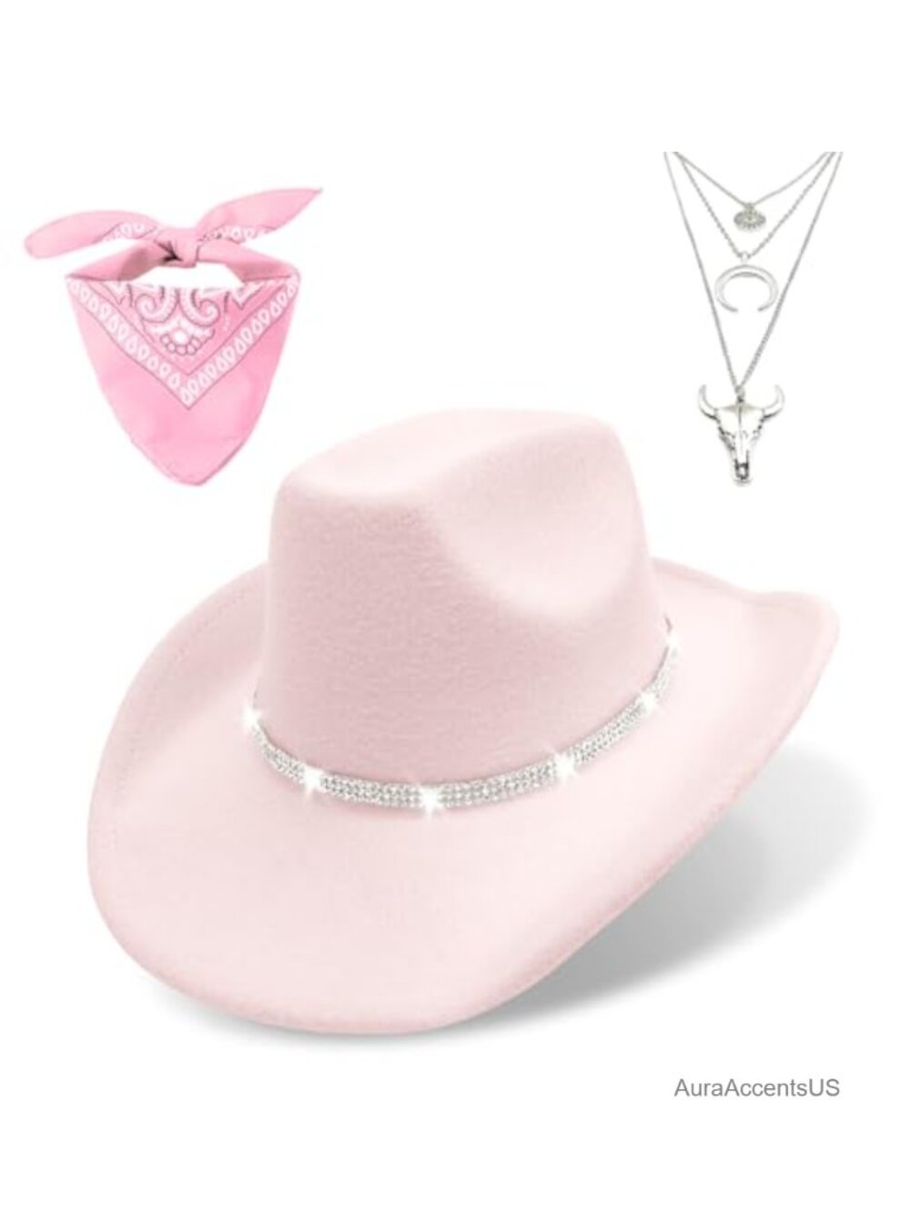 Felt Cowboy Hat with Bandana Necklace Wide Brim Rhinestone Western